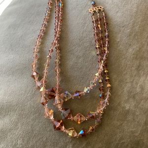 Vintage Amber Pink Aurora Borealis Three Strand Crystal Necklace
